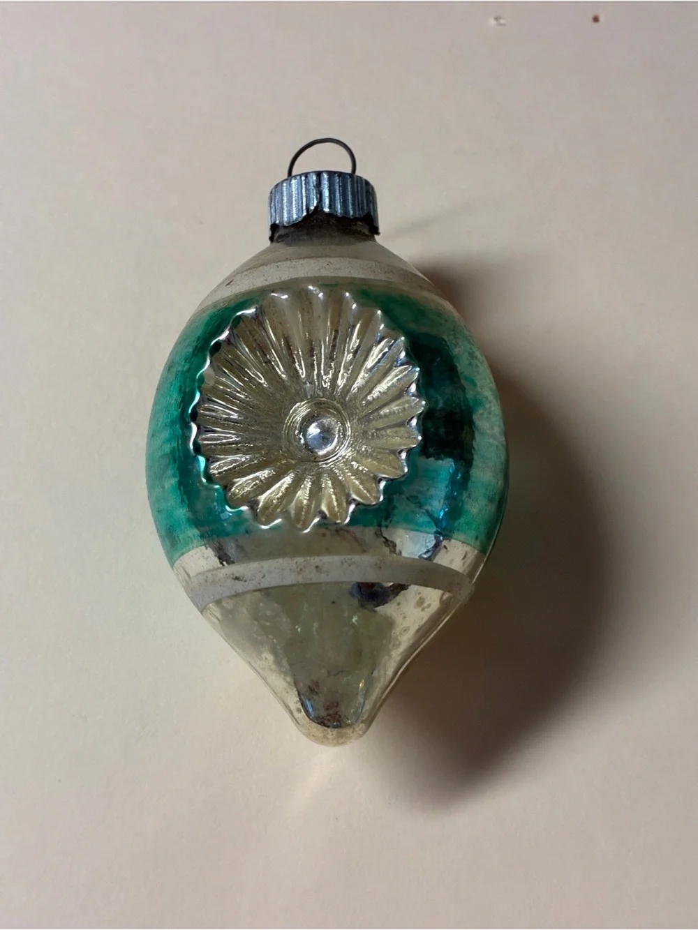 Shimmering Teardrop Glass Ornament in Aqua and Silver